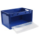 Euroboxen 600x400x320 mm blau geschlossen mit Frontklappe, Handgriffe offen