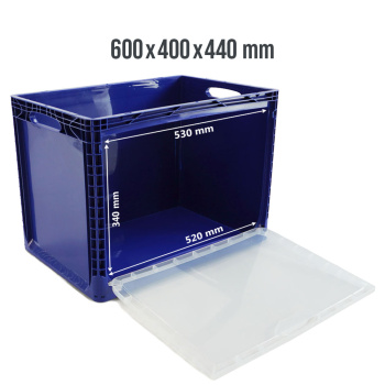Euroboxen 600x400x440 mm blau geschlossen mit Frontklappe, Handgriffe offen