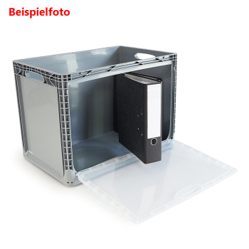 Euroboxen 600x400x440 mm blau geschlossen mit Frontklappe, Handgriffe offen